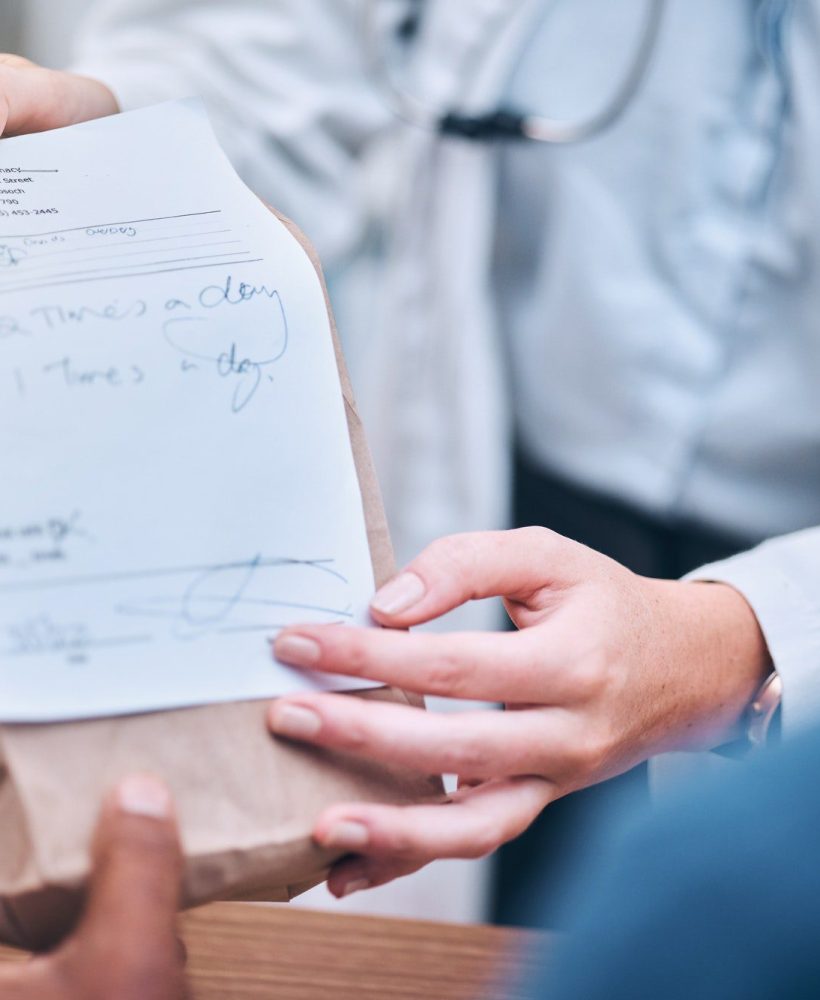 Pharmacy, prescription and hands for medication with doctor, patient or shopping for healthcare pro